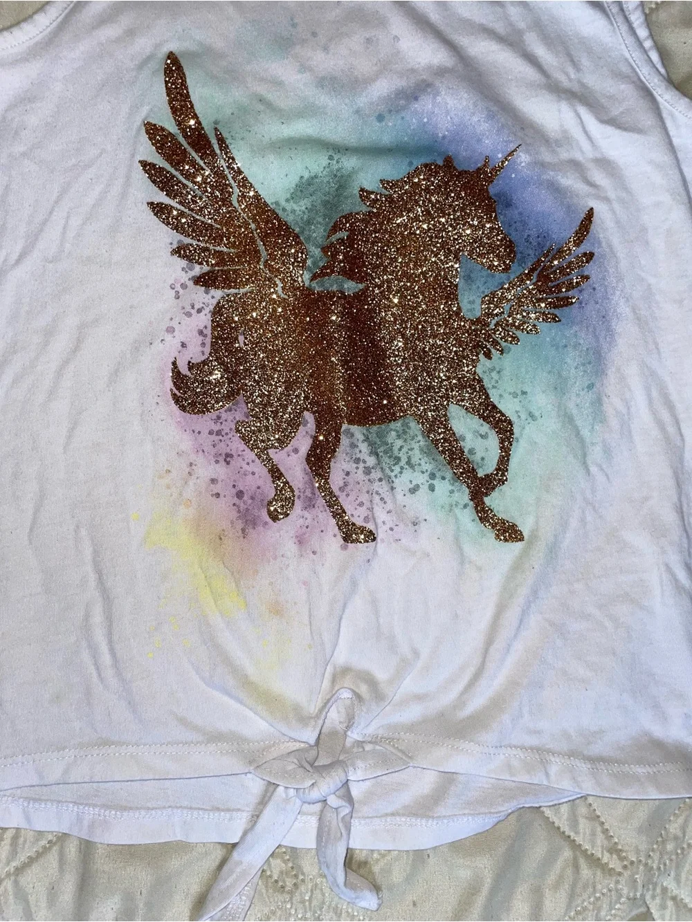Justice White Tank Top with Gold Glitter Unicorn and Pastel Accent